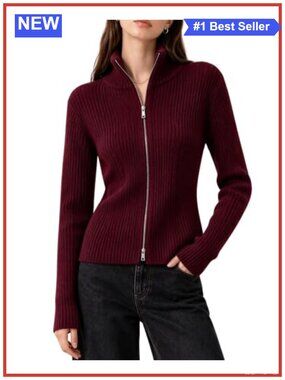 Ribbed Knit Full Zip Mock Neck Cardigan Sweater